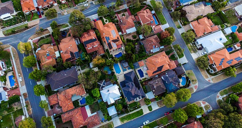 Birds eye view of residential street